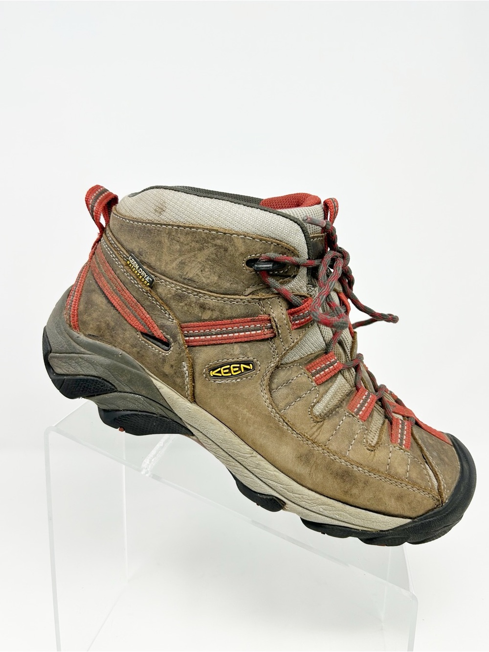 KEEN Targhee II Mid Waterproof Hiking Boots Brown Tan Red Accents Size 9.5